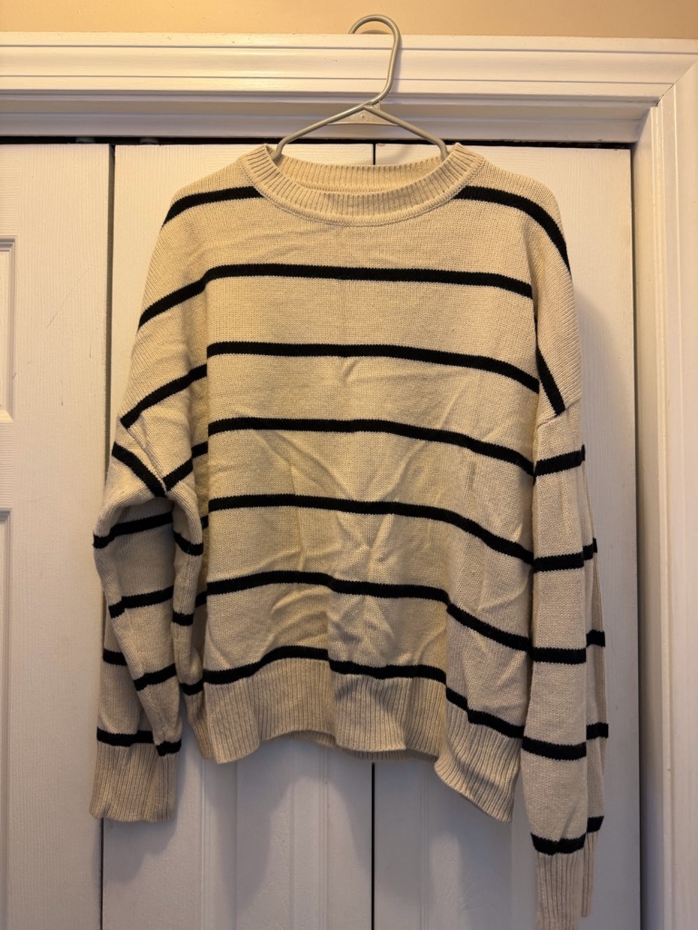Shein Cream and Black Striped Crewneck Sweater